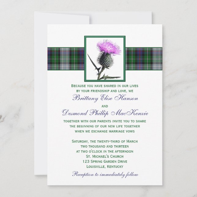 Lila Grönt Tartan Thistle Bröllopsbjudan Inbjudningar (Framsida)