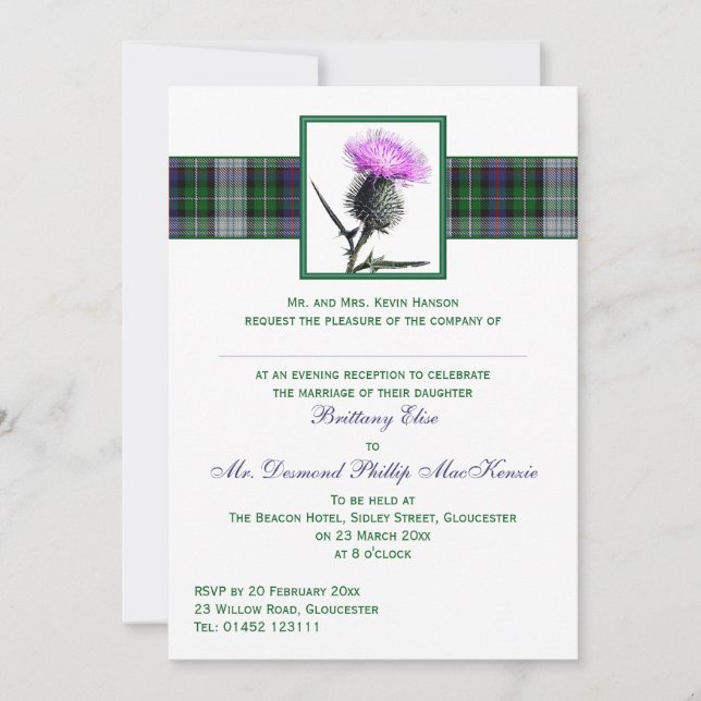 Lila Grönt Tartan Thistle Wevening Wedding bjudand Inbjudningar (Framsida)