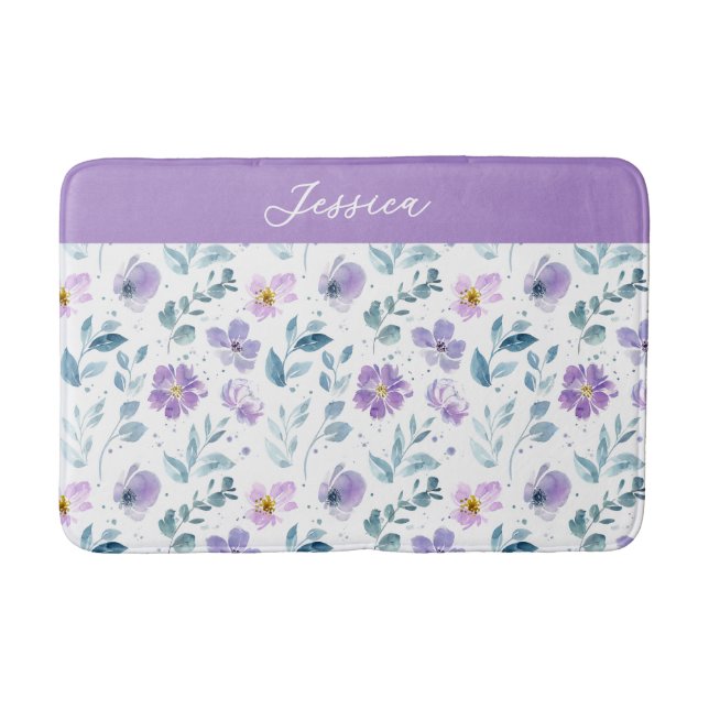 Lila Grönt Vattenfärg Vildblomma Monogram Namn Badrumsmatta (Framsidan)