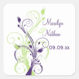 Lila Grönt Vit Blommigt 1,5-tums Bröllop-etikett Fyrkantigt Klistermärke
