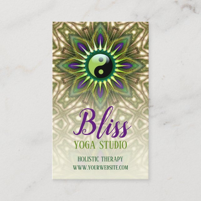 Lila Grönt Yin Yang Holistic Energy Bliss Yoga Visitkort (Framsida)