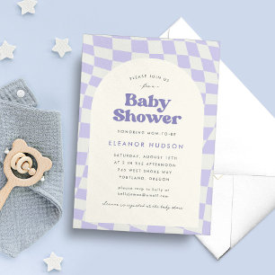 Lila Groovy 70-tals Rutigt Babyfirande Inbjudningar