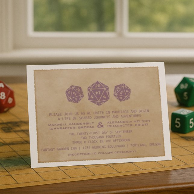 Lila Grunge D20 Dice Gamer bröllopsinbjudan Inbjudningar (Purple Grunge D20 Dice Gamer Wedding Invitation)
