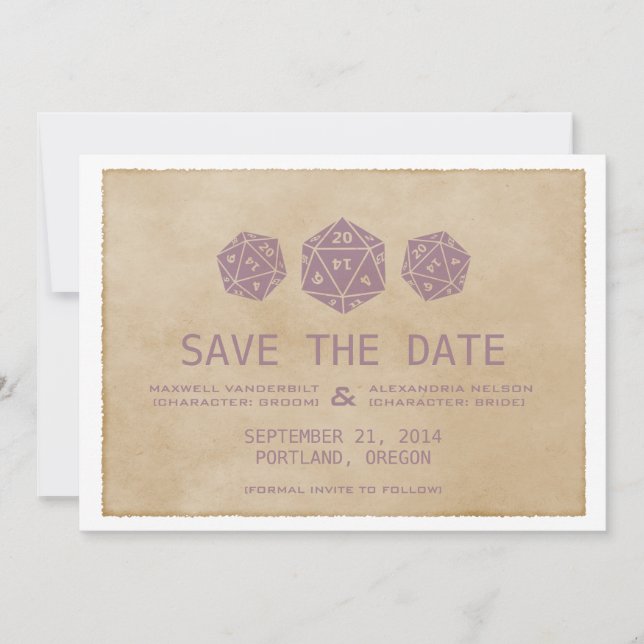 Lila Grunge D20 Dice Gamer Spara datumet Inbjudan (Framsida)