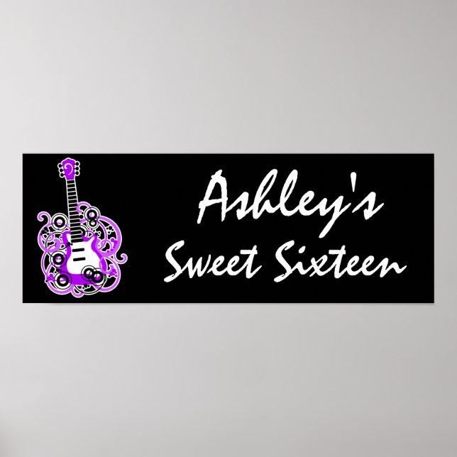 Lila Guitar Rockstjärna Sweet 16 Banner Poster (Framsidan)