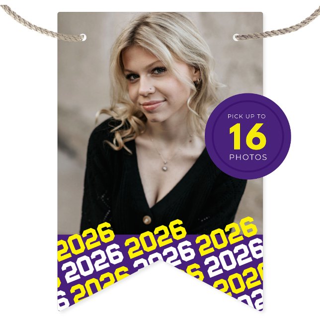 Lila & Gul 16 Foto Examen Hängande Band Vimplar (Purple and Yellow Graduation 16 Photo Hanging Banner. Choose 16 Pictures)