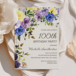Lila Gul Akvarell Blommig 100-årsdag Inbjudningar