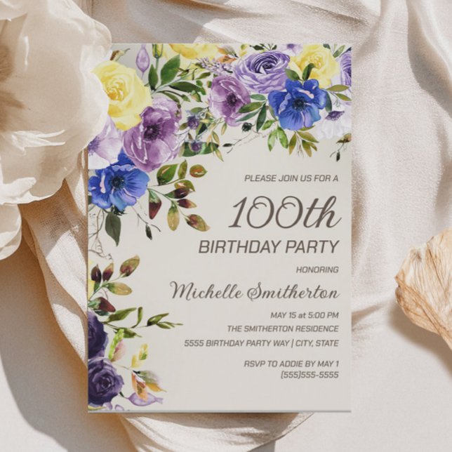 Lila Gul Akvarell Blommig 100-årsdag Inbjudningar (Purple and yellow watercolor floral 100th birthday party invitation)