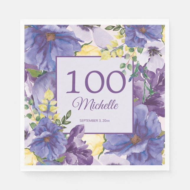 Lila Gul Akvarell Blommig 100-årsdag Pappersservett (Framsidan)