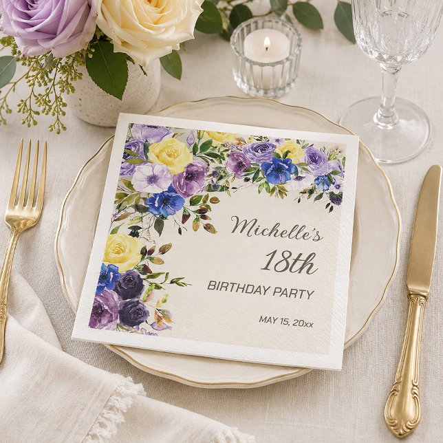 Lila Gul Akvarell Blommig 18-årsdag Pappersservett (Purple and yellow floral 18th birthday party paper napkin)