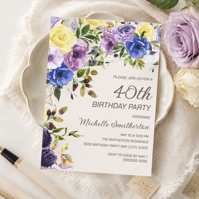 Lila Gul Akvarell Blommig 40-års Födelsedag Inbjudningar (Purple and yellow watercolor floral 40th birthday party invitation)
