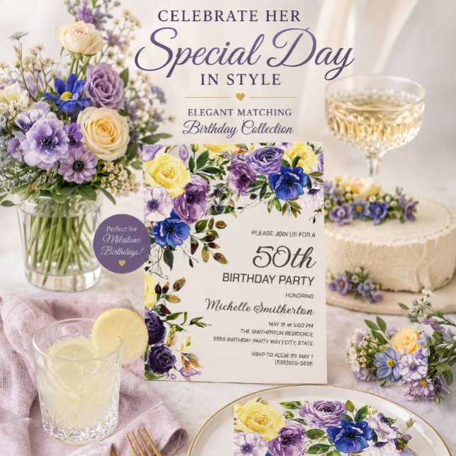 Lila Gul Akvarell Blommig 50-årsdag Inbjudningar (Purple and yellow watercolor floral 50th birthday party invitation)