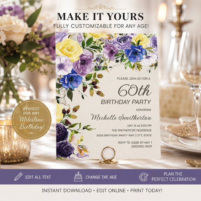 Lila Gul Akvarell Blommig 60-årsdag Inbjudningar (Purple and yellow watercolor floral 60th birthday party invitation)
