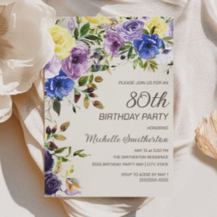 Lila Gul Akvarell Blommig 80-årsdag Inbjudningar