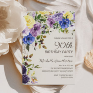 Lila Gul Akvarell Blommig 90-årsdag Inbjudningar
