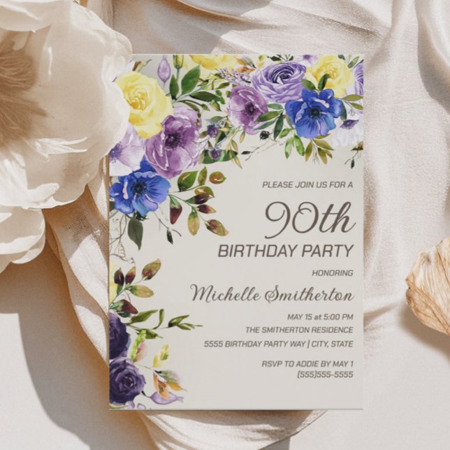Lila Gul Akvarell Blommig 90-årsdag Inbjudningar (Purple and yellow watercolor floral 90th birthday party invitation)