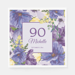 Lila Gul Akvarell Blommig 90-årsdag Pappersservett