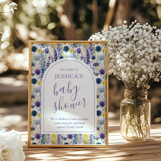 Lila Gul Akvarell Vildblomma Barnkalas Poster (Celebrate your mama-to-be moment in full bloom with this elegant wildflower baby shower sign. )