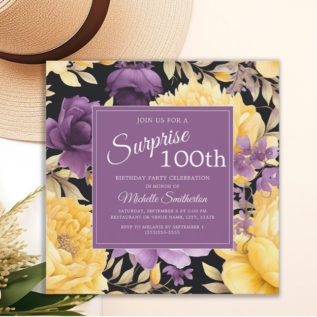 Lila Gul Blommig 100-års Första Födelsedag Inbjudningar (Purple and yellow floral surprise 100th birthday party invitation)