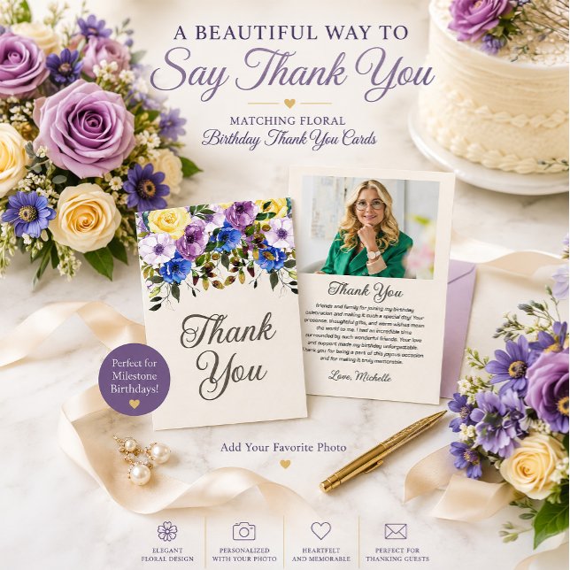 Lila Gul Blommig Födelsedagsbild Tack Kort (Purple and yellow floral birthday party photo thank you card)
