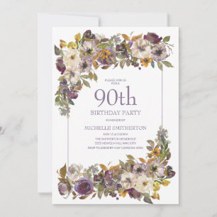 Lila Gul Elfenbensvitt Blommotiv bladverk 90-årsda Inbjudningar