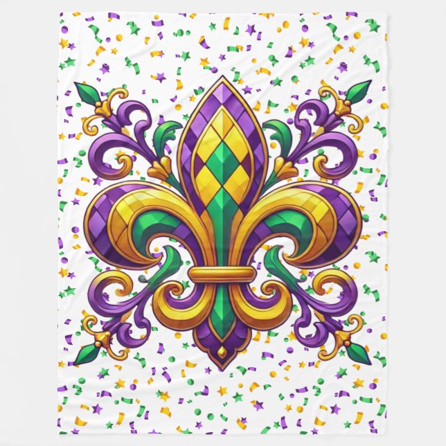 Lila gul grön Mardi Gras fleur de lis Fleecefilt (Framsidan)