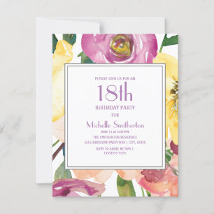 Lila Gul Rosa Akvarell Blommig 18-årsdag Inbjudningar