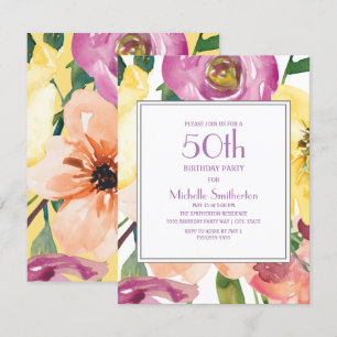 Lila Gul Rosa Akvarell Blommig 50-årsdag Inbjudningar