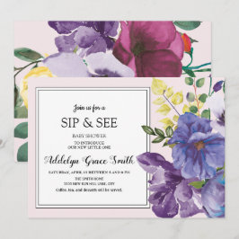 Lila Gul Rosa Blommig Sips & See Baby Shower Inbjudningar