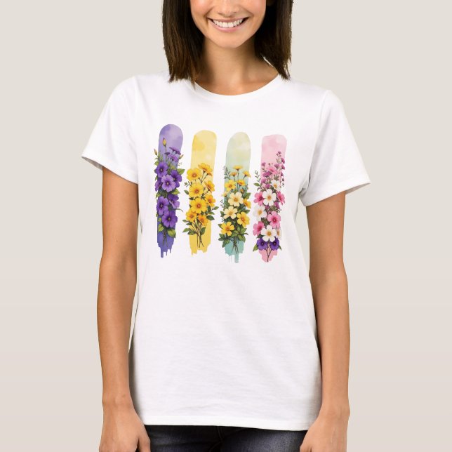 LILA GUL ROSA GRÖNA VILDblommor T Shirt (Framsida)