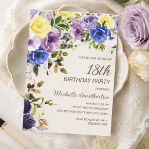 Lila Gul Vattenfärg Blommig 18-årsdag Inbjudningar
