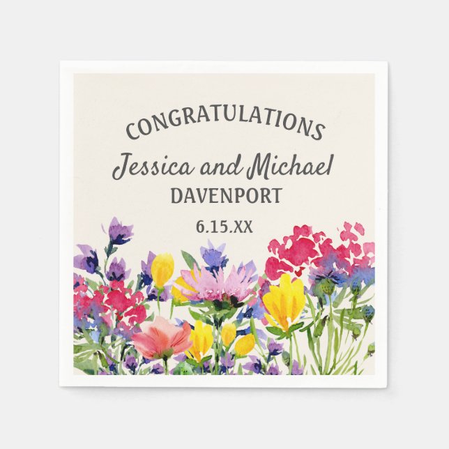 Lila Gula Akvarell Vildblommor Bröllop  Pappersservett (Framsidan)