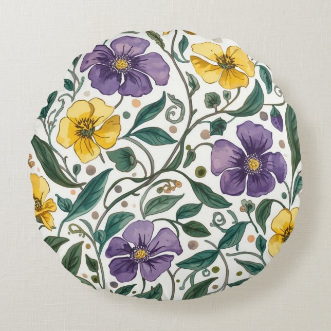 Lila gula blommönster, modern, elegant rund kudde (Framsidan)
