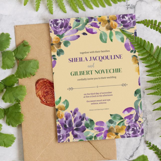 Lila Gula blommor Bröllop Tema Inbjudningar (Skapare uppladdad)