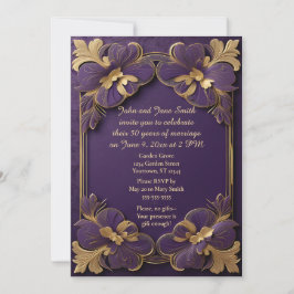 Lila & Gula Blommor Guld Ram 50-årsjubileum Inbjudningar
