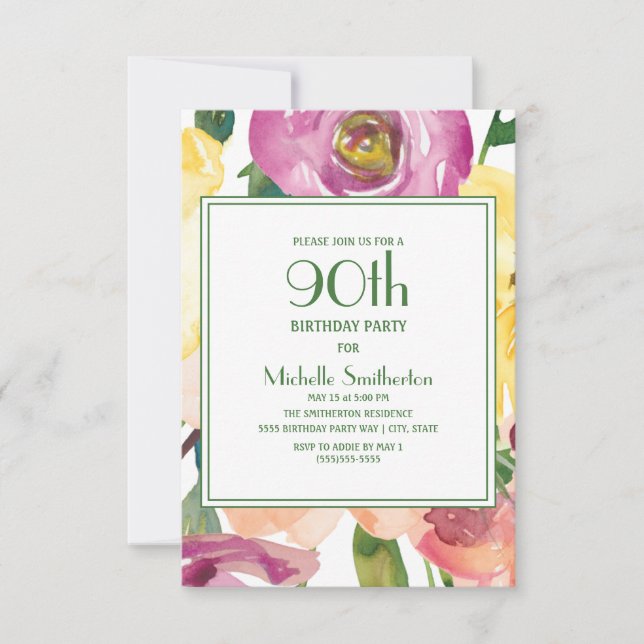 Lila Gula Rosa Blommor 90-årsdag  Inbjudningar (Framsida)