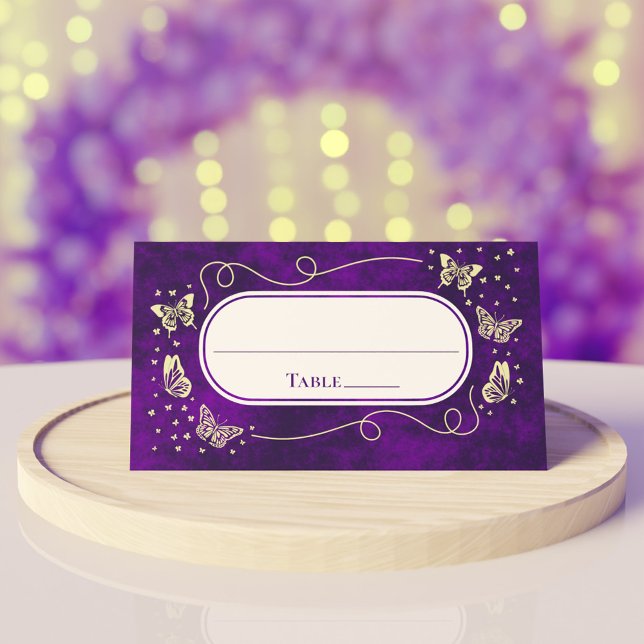 Lila Guld 15 år gamla Quinceañera Butterflies Placeringskort (Purple Gold 15 Years Old Quinceañera Butterflies Place Card)