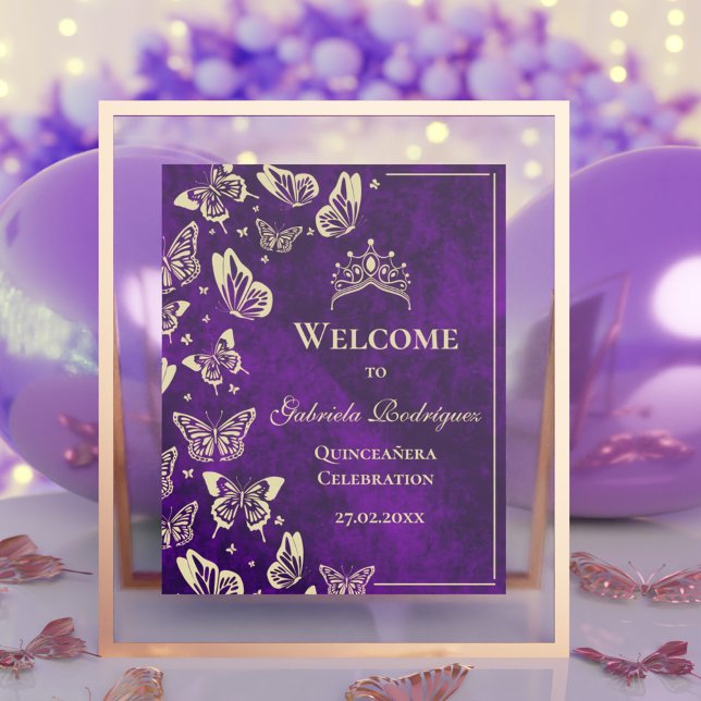 Lila Guld 15:e födelsedagen Quinceañera Välkommen Poster (Purple Gold 15th Birthday Quinceañera Welcome Poster)