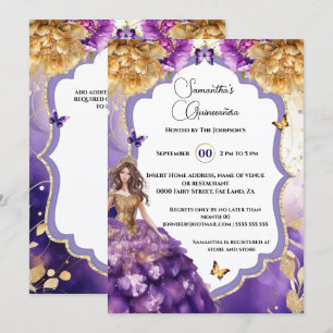 Lila guld 15th Quinceañera peony butterfly party Inbjudningar