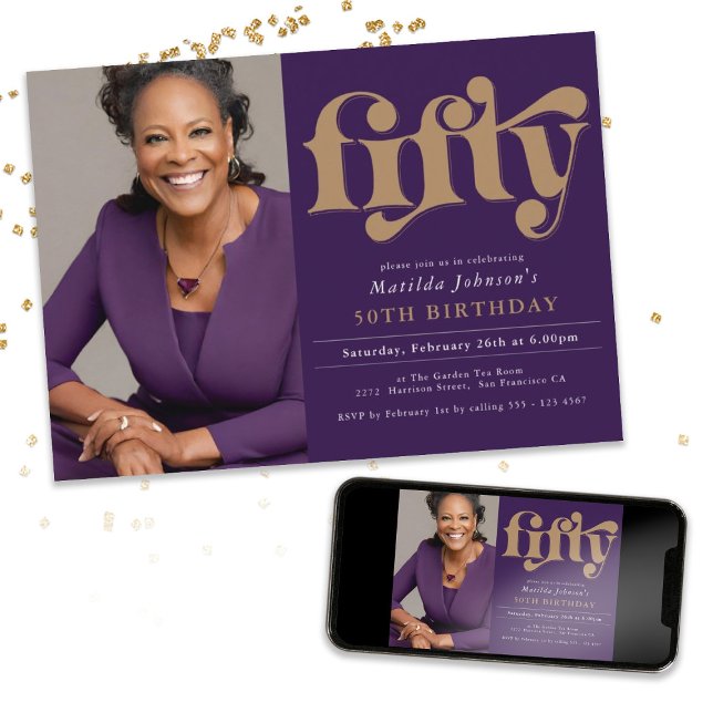 Lila Guld 50:e Födelsedagsfesten Inbjudningar (Purple Gold 50th Birthday Party Invitation)