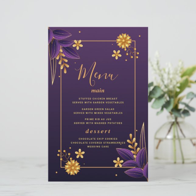 Lila & Guld Aestetiska Blommiga Bröllopsmeny Kort (Stående Fram)