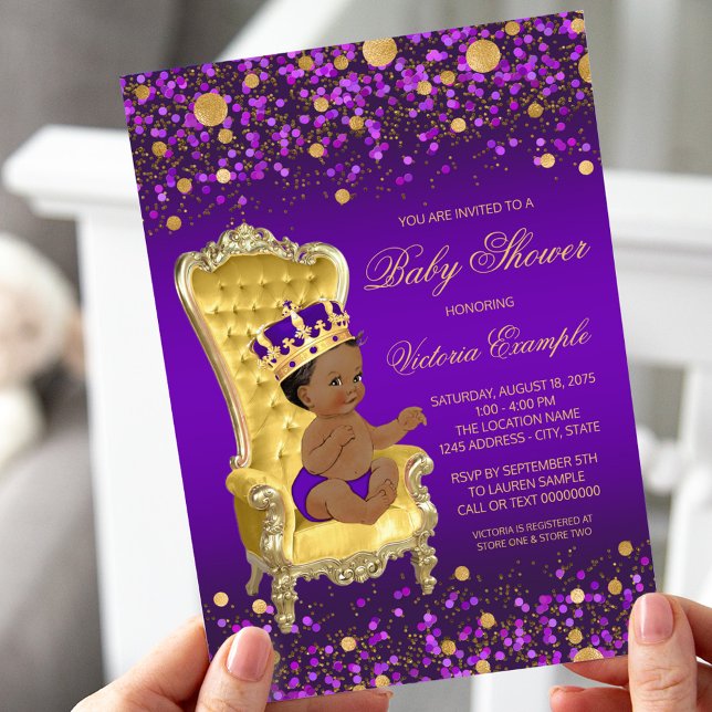 Lila Guld African American Prince Baby Shower Inbjudningar (Skapare uppladdad)