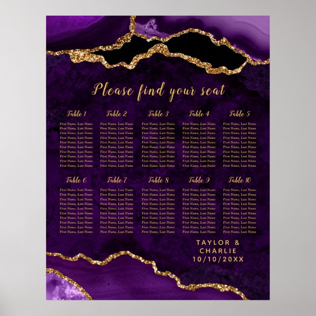 Lila Guld Agat Bröllops Placeringsplan 10 Bord Poster (Framsidan)