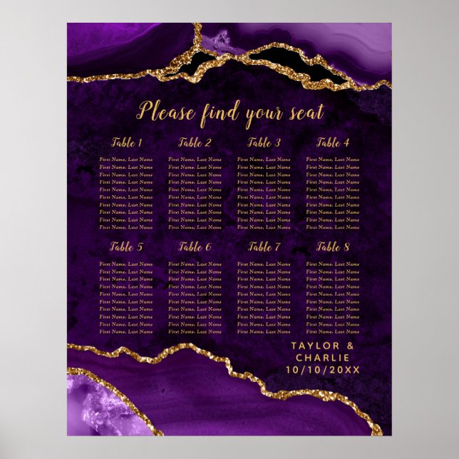 Lila Guld Agat Bröllops Placeringsplan 8 Bord Poster (Framsidan)