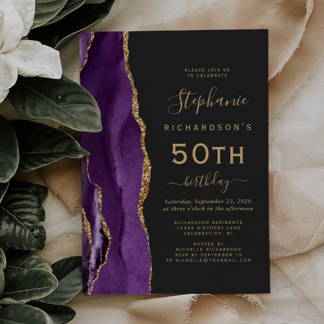 Lila Guld Agat Mörk 50-års Födelsedagsfest Inbjudningar (Skapare uppladdad)