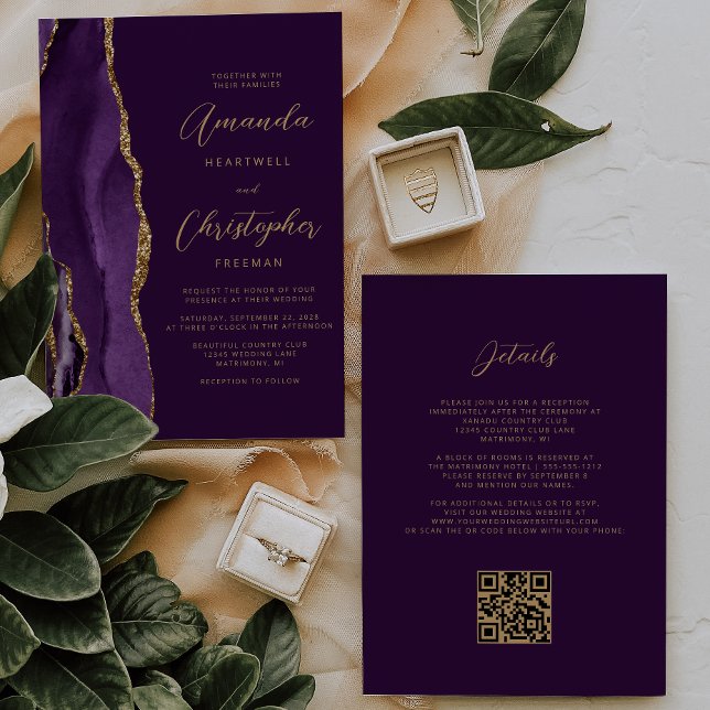 Lila Guld Agat Plommon QR-kod Bröllop Inbjudningar (Skapare uppladdad)