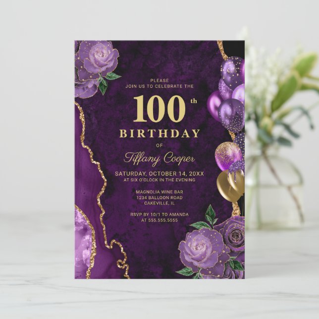 Lila Guld Agate 100 Birthday Inbjudningar (Stående Fram)