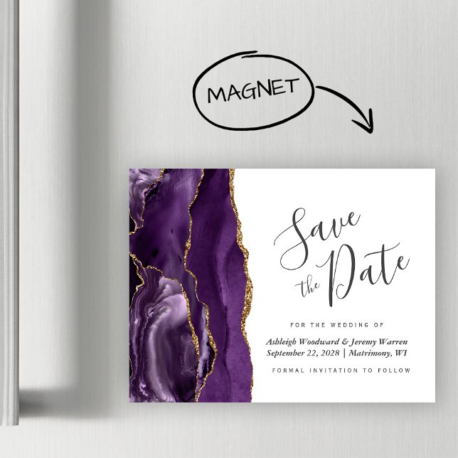 Lila Guld Agate Bröllop Magnetic Save Date (Skapare uppladdad)
