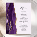 Lila Guld Agate Bröllop Menu<br><div class="desc">Den moderna bröllop-menyn på den lämnat kant i eleganten har en lila vattenfärgsagat gräns som trimmas med faux guld glitter. I anpassadet kombineras handskriftsskript för kol-grått och typsnitt på blekens lila-bakgrund. Den omvända sidan har en matchande lila- och guld-agate-design.</div>