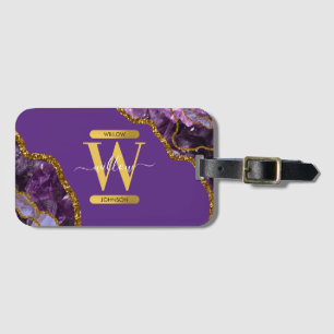Lila & Guld Agate Geode Glitter Monogram Bagagebricka